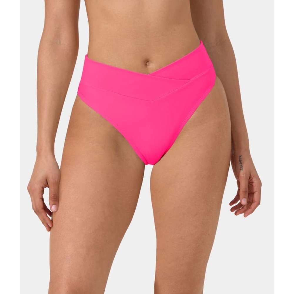 Halara NWT Crossover Bikini Bottom Swimsuit Womens Neon Pink Sporty Beach
